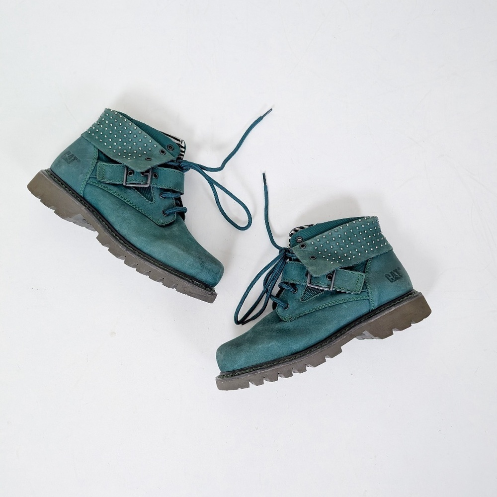Cat Antique Green Leather Boots Turquoise Work Chunky Combat Studs
